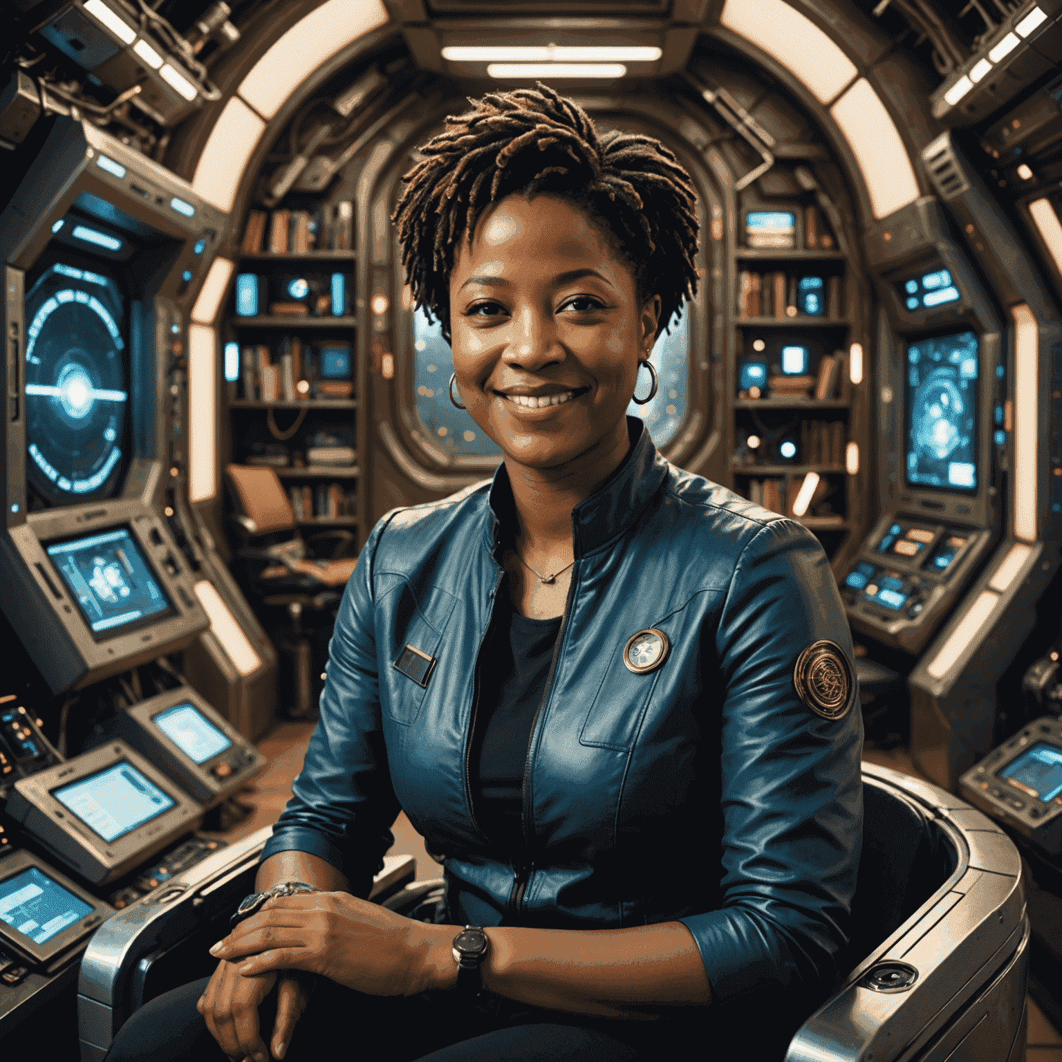 N.K. Jemisin, an African American woman with short hair, sitting in a futuristic-looking room. She is surrounded by her award-winning science fiction novels and is smiling confidently at the camera.